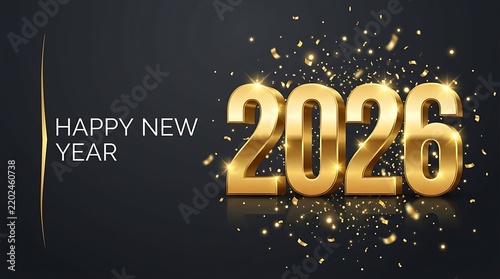 Gold 2026 numbers with falling confetti on a dark background for New Year