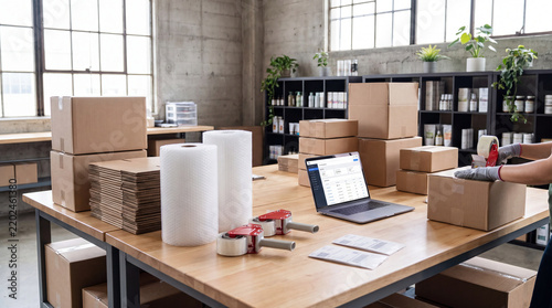 E-commerce Packaging Station with Cardboard Boxes Bubble Wrap and Laptop for Order Fulfillment