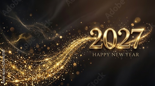 Golden 2027 Happy New Year text with glowing light particles on dark background
