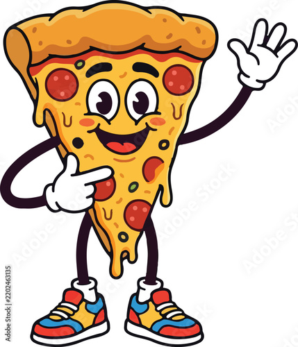 Happy cartoon slice of pepperoni pizza with thumbs up