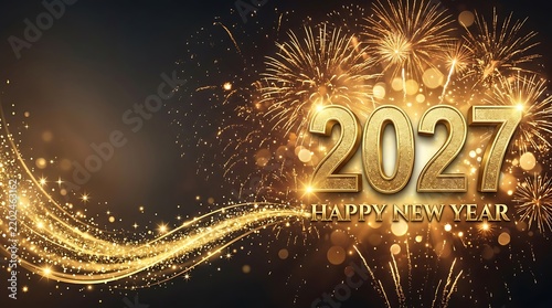 Golden 2027 text with glowing fireworks and light trails for New Year celebration