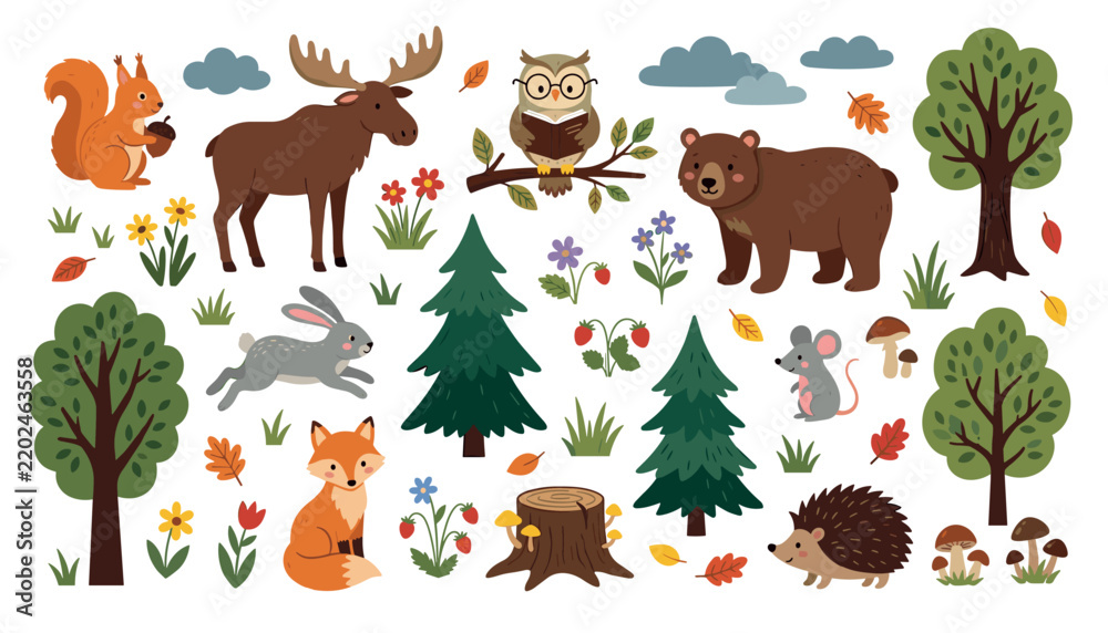 Obraz premium Woodland animals and forest elements collection. Bear, fox, squirrel, moose, owl, rabbit, hedgehog, mouse, trees, pine, mushrooms, berries and autumn leaves.