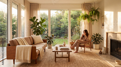 Woman Relaxing in Cozy Minimalist Living Room with Indoor Plants and Large Window