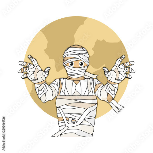 Cute Cartoon Mummy Illustration for Halloween Graphic Design. Mummy with full moon vector