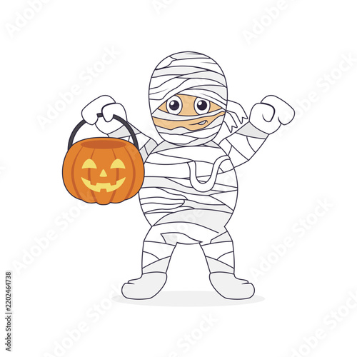 Cute Halloween Mummy Character Holding Pumpkin Lantern Illustration. Cute Mummy Vector Illustration
