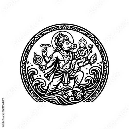 Varaha Avatar of Lord Vishnu Illustrative Emblem Depicting Hindu Mythology and Divine Protection