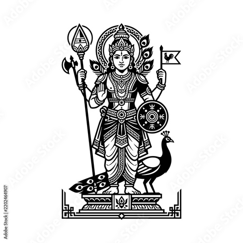 Lord Murugan Hindu God Kartikeya Vector Illustration with Vel Spear and Peacock Black and White Clipart