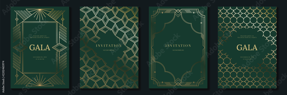 Obraz premium Luxury art deco vector invitation card set in emerald green and gold with geometric frames, elegant gala designs and ornamental patterns