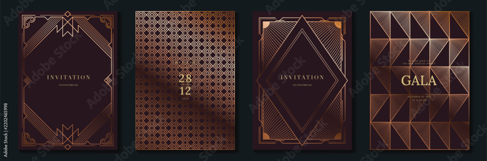 Obraz premium Luxury art deco vector invitation card set with burgundy and rose gold geometric borders, elegant gala templates and vintage ornamental patterns