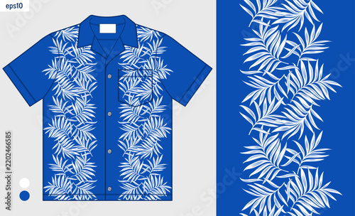 Hawaiian Aloha shirt mockup with vertical leaf stripe pattern, seamless tropical textile print, summer beach fabric design, tropical fashion artwork, colorful apparel pattern for shirts and clothing