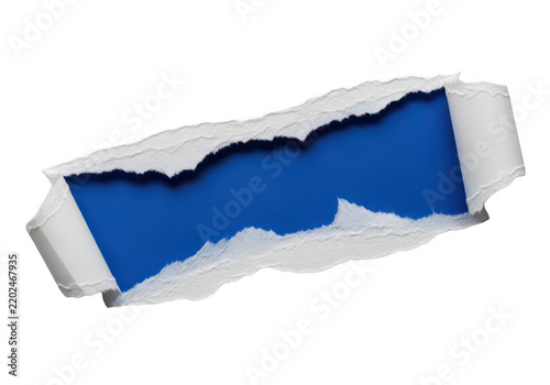 A blue and white sticker with a ripped edge isolated on transparent background