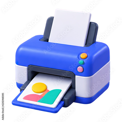 3D render of a blue office printer with a printed document featuring a colorful landscape icon