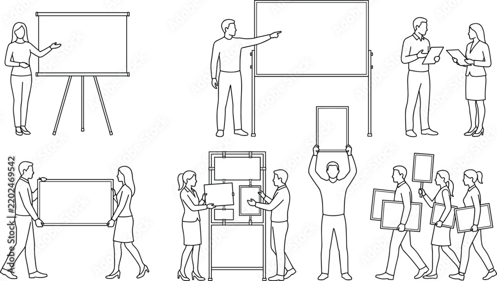 Fototapeta premium Business People Showing Presentation Boards and Holding Blank Signs Vector Outline Set