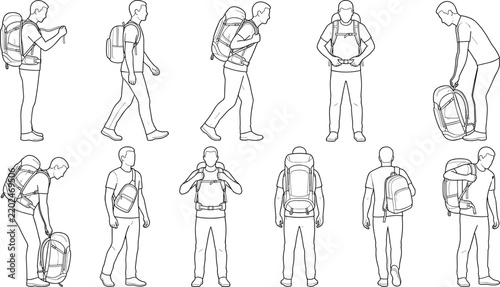Backpack Wearing and Adjustment Guide with Male Figures in Different Positions