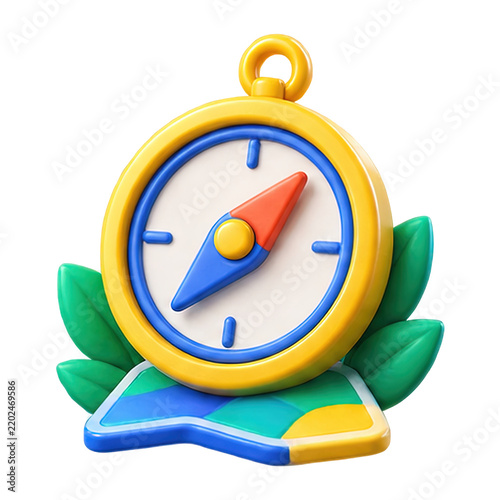 3D render of a colorful navigation compass resting on a stylized map with green leaves behind it