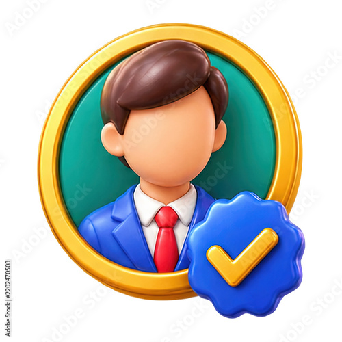 3D rendered icon of a professional businessman with a verified checkmark for user profile status