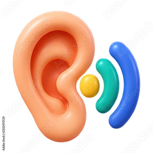 3D render of a human ear icon with colorful sound waves representing listening and communication