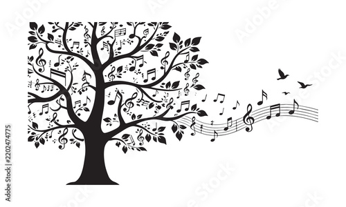 Musical Tree Vector Illustration With Clef Notes Leaves And Flying Birds Silhouette.