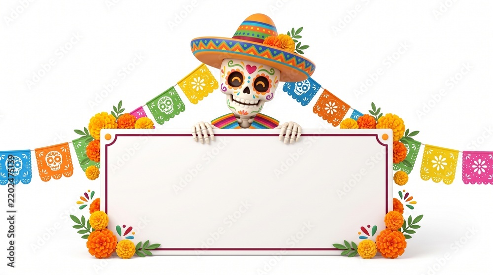 Fototapeta premium Skeleton wearing sombrero peeking over blank sign board with colorful papel picado banners and marigolds, día de muertos day of the dead