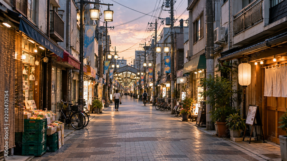 Fototapeta premium A Quiet Summer Evening in a Traditional Japanese Shopping Street