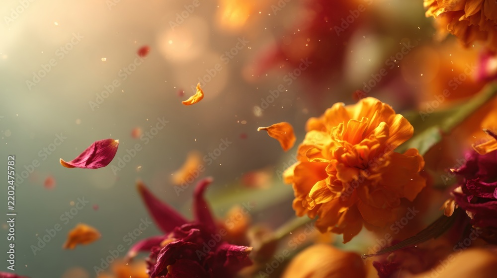 Fototapeta premium Vibrant orange marigold flowers floating in warm sunlight.