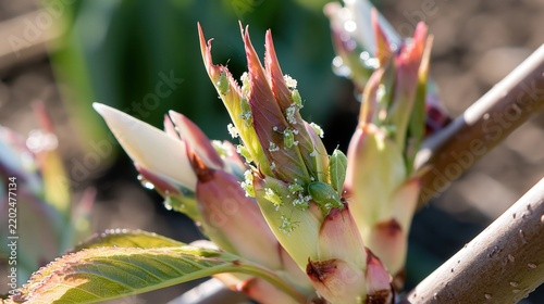 Tiny green insects infest a plants emerging spring growth.