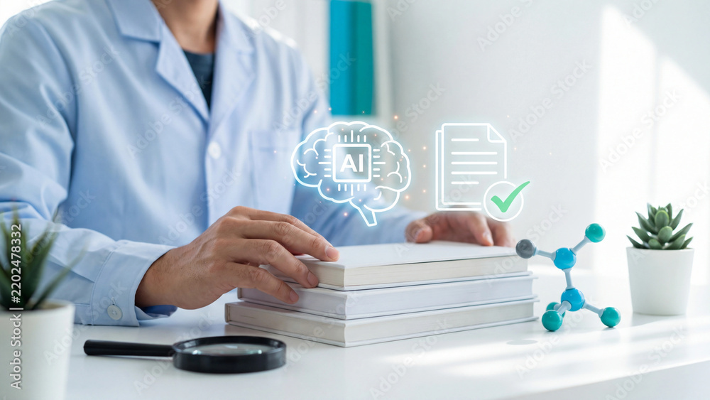 Fototapeta premium AI scientific research and academic literature analysis concept. Scientist hand on book stack with AI brain chip, document checkmark, magnifier and molecule for science publication study