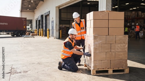 Workers inspect an outbound pallet at warehouse loading bay