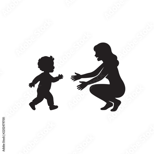 Silhouette of little son taking the first steps towards his mother. Illustration symbol icon
