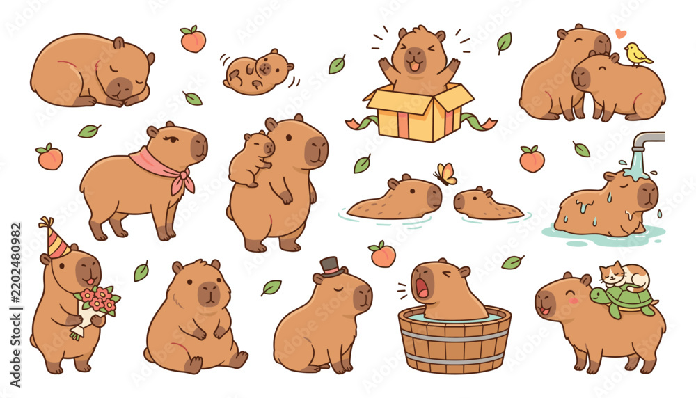 Fototapeta premium Cute capybara cartoon character vector icon set. Funny rodents swimming, sleeping, wearing party hat, taking bath, sitting in cardboard box and animal friend elements.