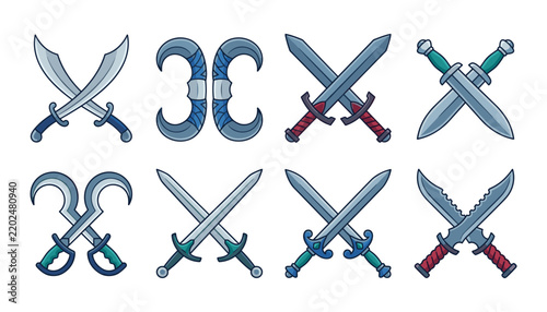 Crossed sword and fantasy dagger vector icon set. Crossed scimitars, crescent blades, broadswords, serrated daggers, medieval rapiers and gaming combat weapon elements.