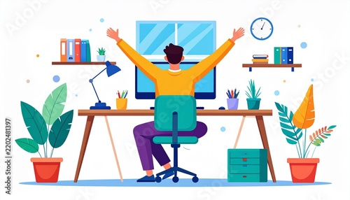 Happy professional celebrating success at modern workspace.