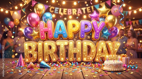 3D Happy Birthday Celebration Scene with Colorful Balloons Cake Party Hats Gifts and Confetti