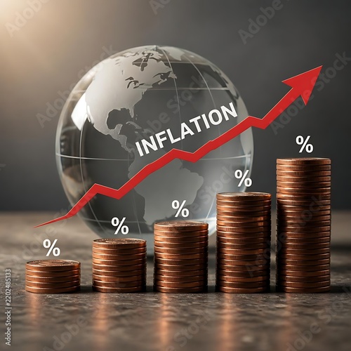 Global inflation concept with glass globe and rising coin stacks and red arrow on granite.