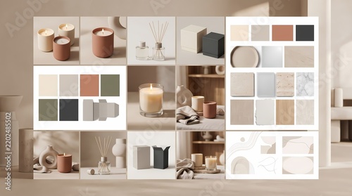 Minimalist home decor branding mood board with candle mockup and neutral color palette