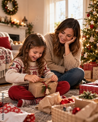 Mother And Daughter Opening Christmas Gift At Home