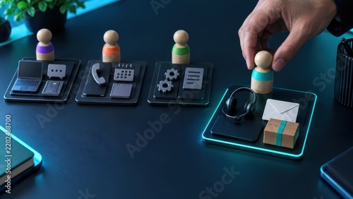 customer service experience personalization. Wooden figures placed on different icons representing various business communication and logistics concepts.