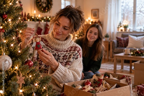 Woman Hanging Angel Ornament On Christmas Tree At Home