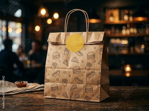 Brown Kraft Paper Takeout Bag with Food Icons in a Restaurant Setting