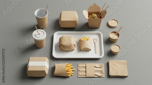 Eco-friendly fast food packaging mockup set on grey background