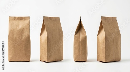 Brown Kraft Paper Coffee Bag Mockup Set Isolated on White Background
