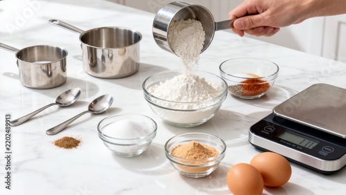 Baking ingredients being measured with measuring cups and spoons on marble counter