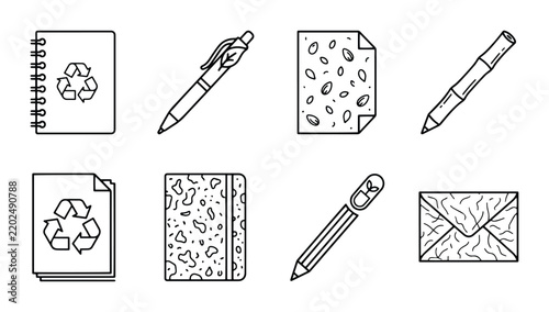 Fotografie Stationery Icons Set: Notebooks, Pens, Paper, Envelope, Eco-Friendly Design Elem