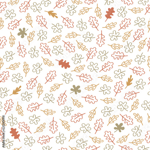 Autumn leaves seamless pattern background with hand drawn line art leaf elements in warm colors