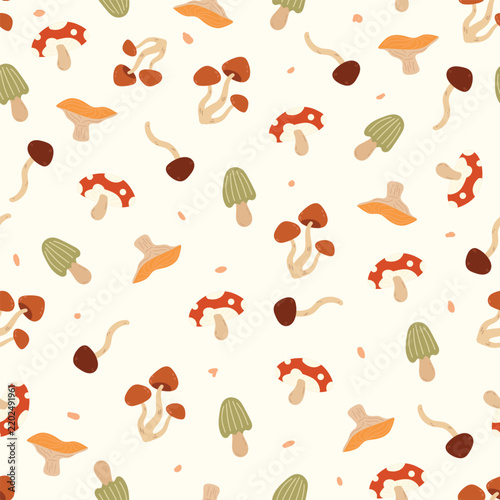 Cute mushroom seamless pattern background with hand drawn wild fungi elements in earth tone colors