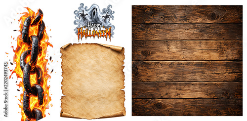 Halloween Social Media Post Component Collection with Ghost, Flaming Chain, Parchment and Wood Backgrounds Transparent PNG