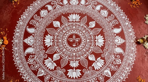 Traditional Durga Puja alpana floor art with goddess face and lotus motifs