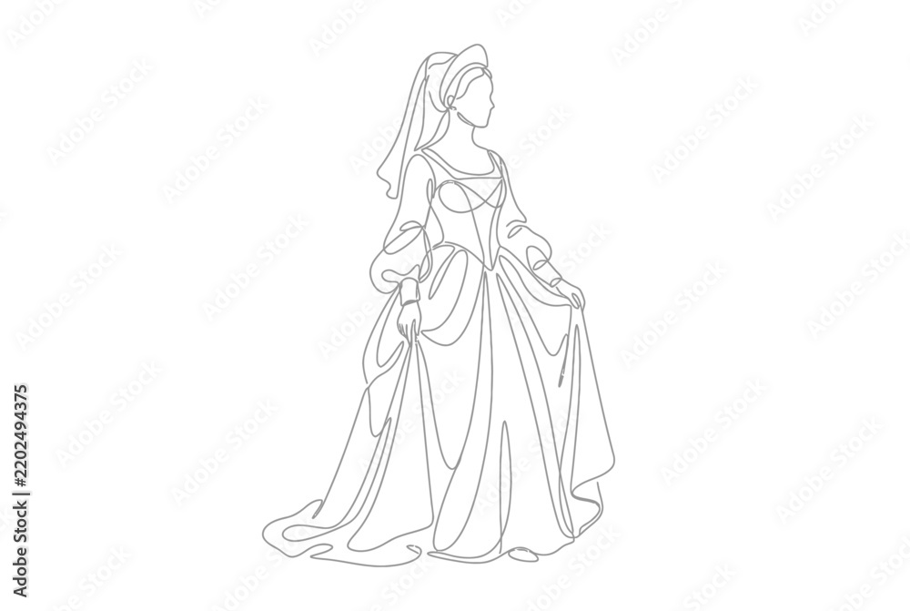 Fototapeta premium Medieval noblewoman in historical gown line drawing.