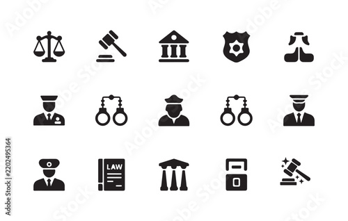 Assorted black icons related to law, justice, and law enforcement on transparent background grid.