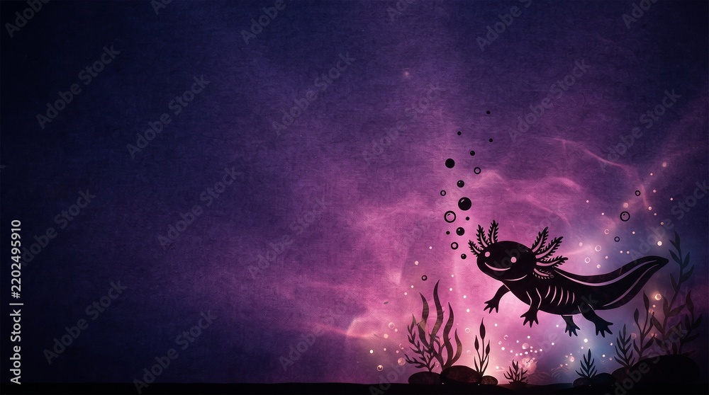 Fototapeta premium Cute axolotl creature in glowing purple underwater world